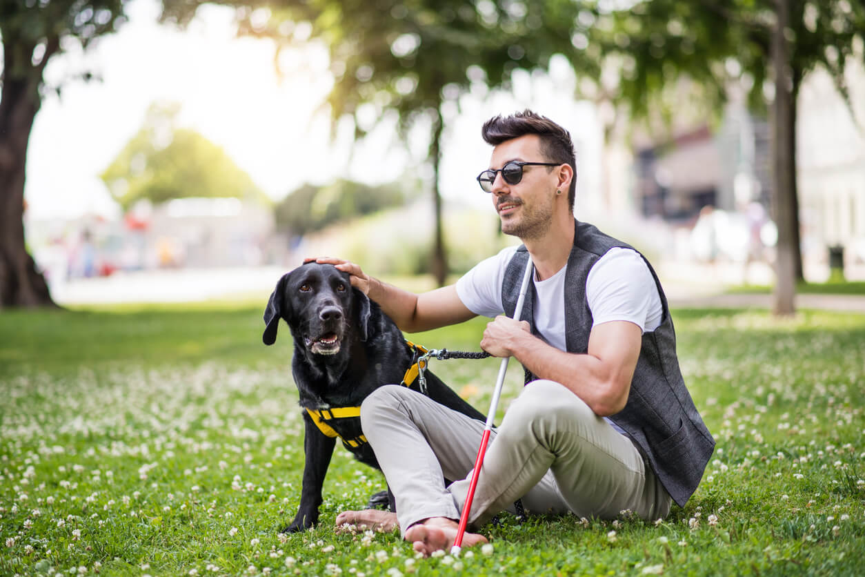 blind man with seeing eye dog sitting in a park