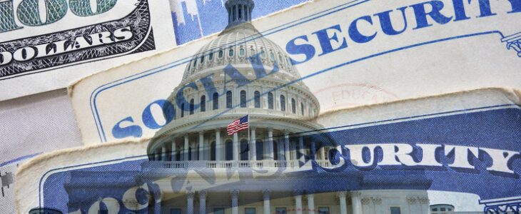 United States capitol in Washington DC with a Social Security card and money