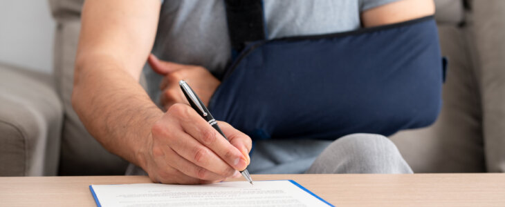 Front view of a handicapped man with sling signing contract at home